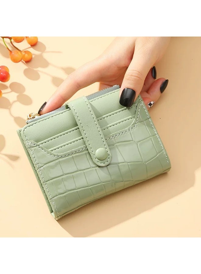 Green Women's Wallet, Square Bifold Wallet Zipper Leather Coin Purse Credit Card Holder Small Women's Wallet Fashion Texture Pattern ID Window